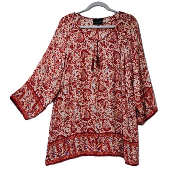 Cynthia Rowley Tops - CYNTHIA ROWLEY RED BLUE FAN PRINT PEASANT TUNIC  2X  BOHO CRUISE RESORT SUMMER